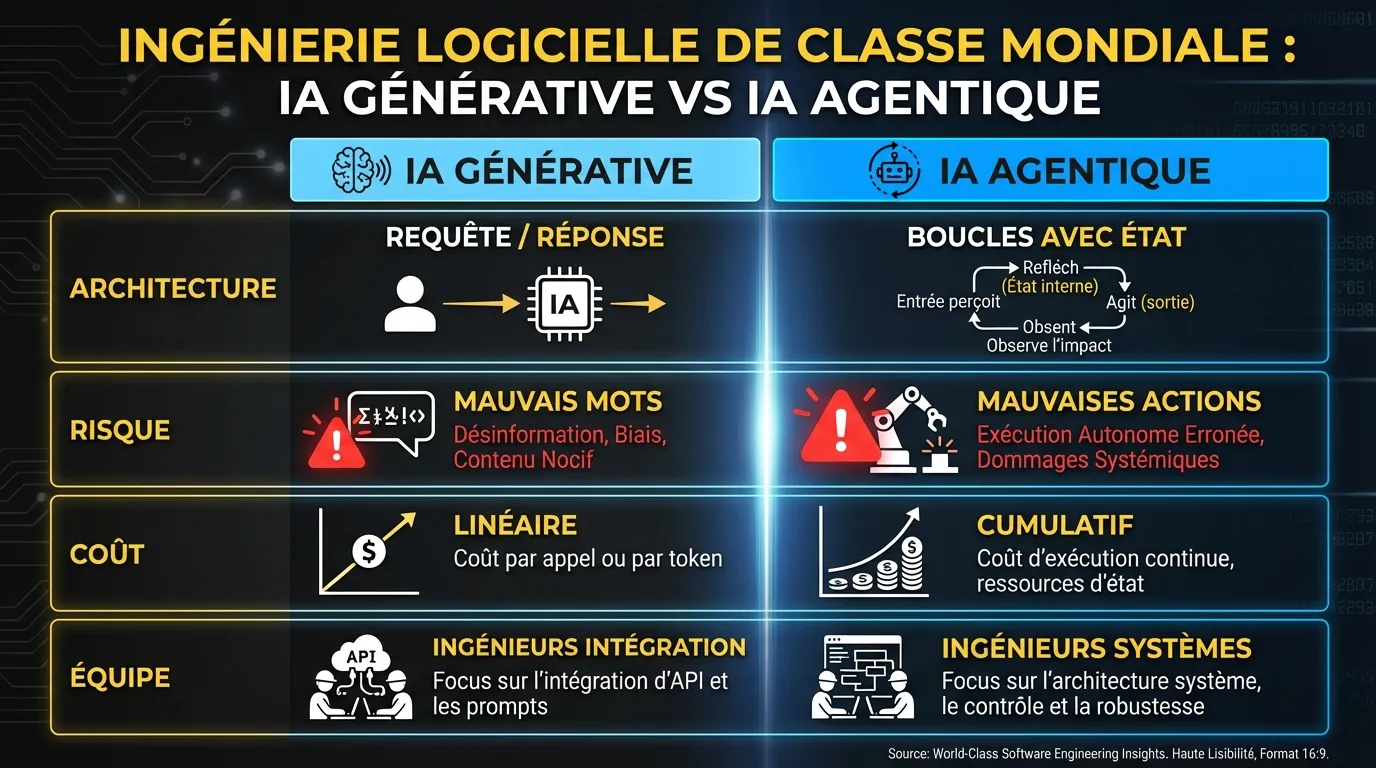 Comparaison côte-à-côte de l'IA générative vs l'IA agentique sur quatre dimensions : architecture, risque, modèle de coût et exigences d'équipe