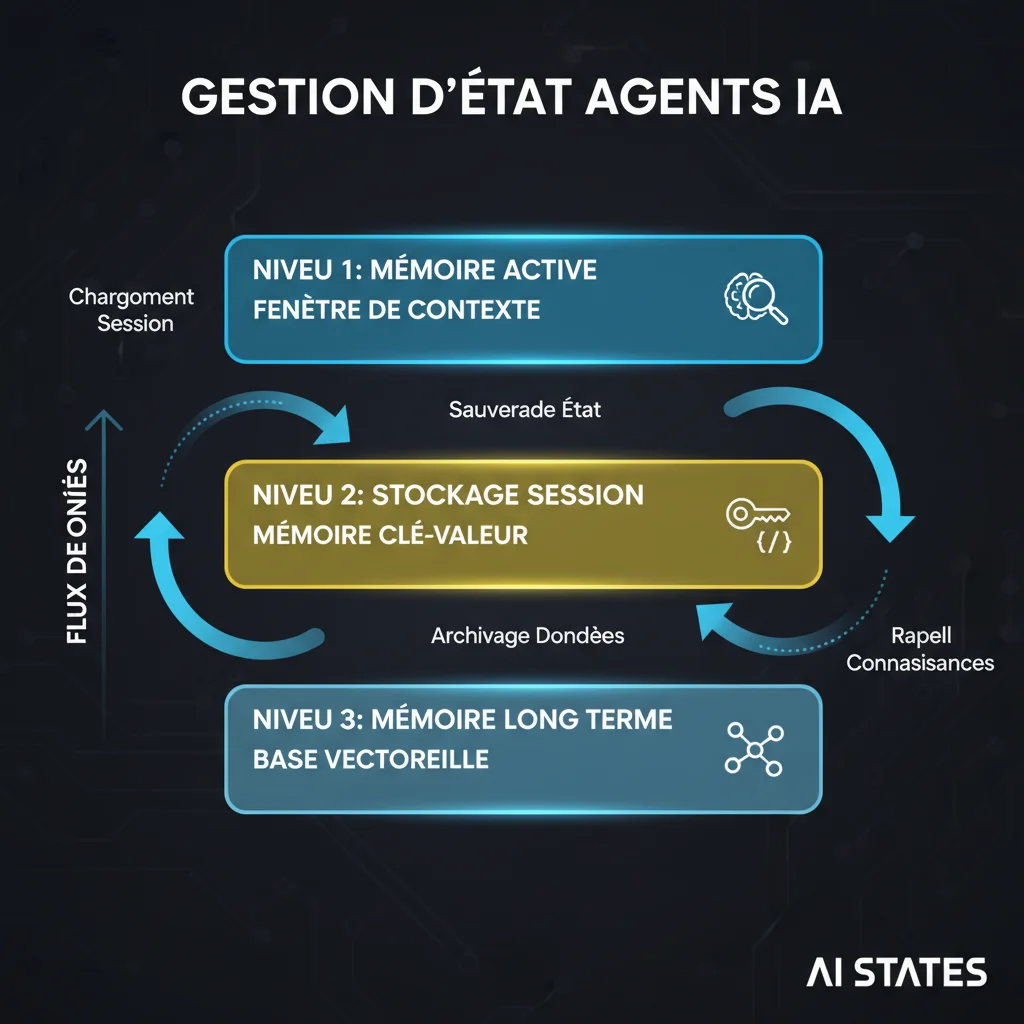 Architecture de gestion d'état en niveaux : mémoire active dans la fenêtre de contexte, stockage de session en base clé-valeur, mémoire long terme dans une base vectorielle