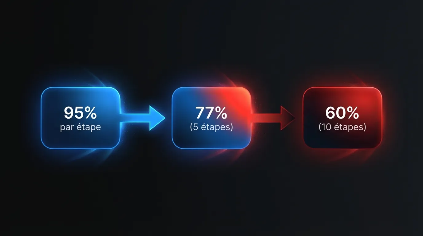 Diagramme de flux montrant l'amplification des erreurs : 95% par étape mène à 77% pour 5 étapes et 60% pour 10 étapes
