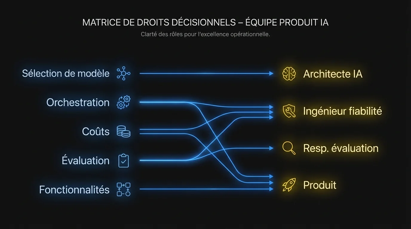 Matrice des droits décisionnels : Sélection de modèle et Orchestration par l'Architecte IA, Coûts par l'Ingénieur fiabilité, Évaluation par le Resp. évaluation, Fonctionnalités par le Produit