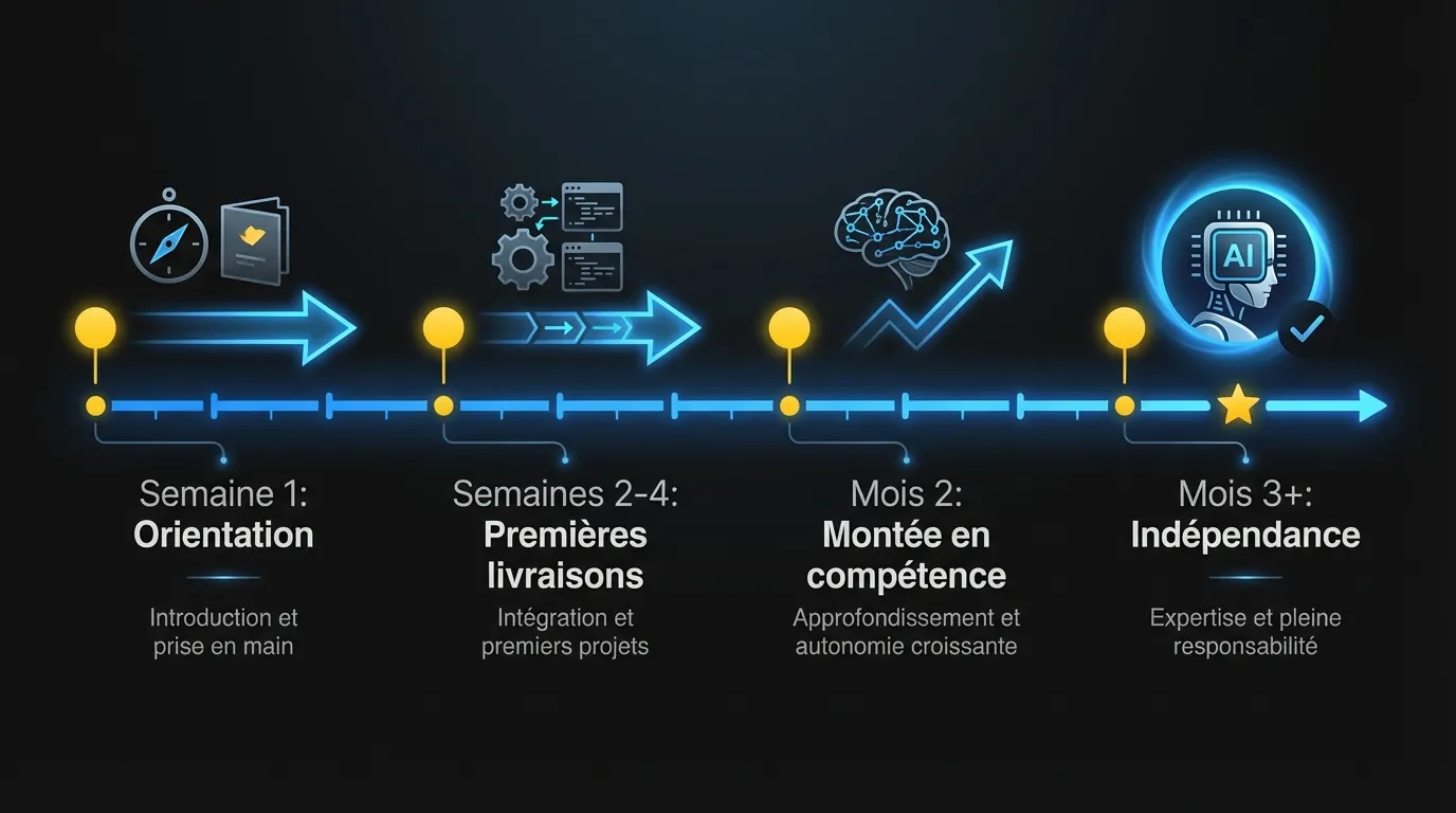 Progression du calendrier d'intégration de l'équipe IA de l'orientation jusqu'à la livraison en production