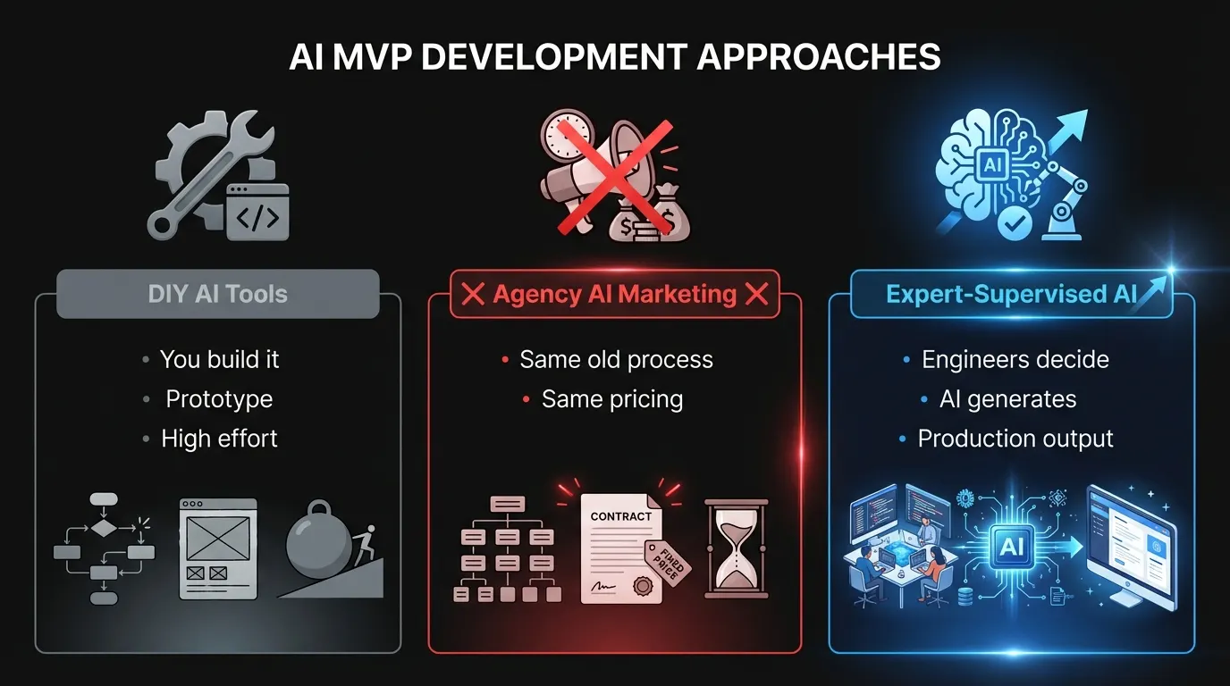 Three categories of AI MVP development: DIY tools, agency marketing spin, and expert-supervised AI builds