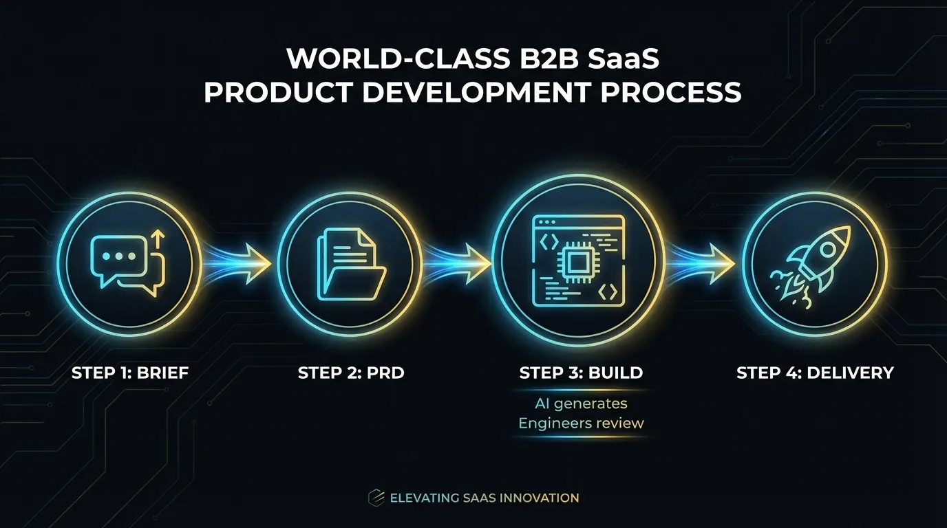 Four-step Launchpad process: Brief, PRD, Build, Delivery — from product idea to deployed product