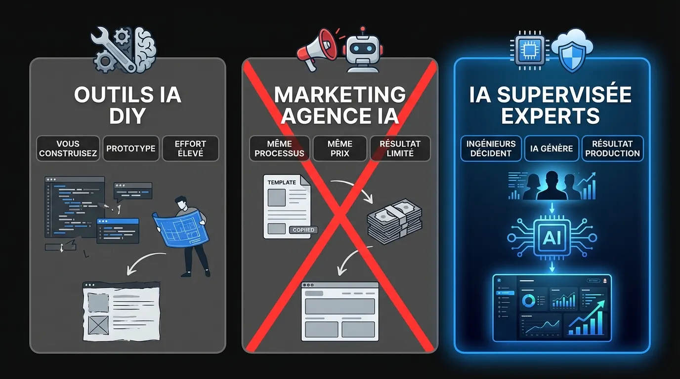 Trois catégories de développement IA de MVP : outils DIY, marketing d'agence, et constructions IA supervisées par des experts