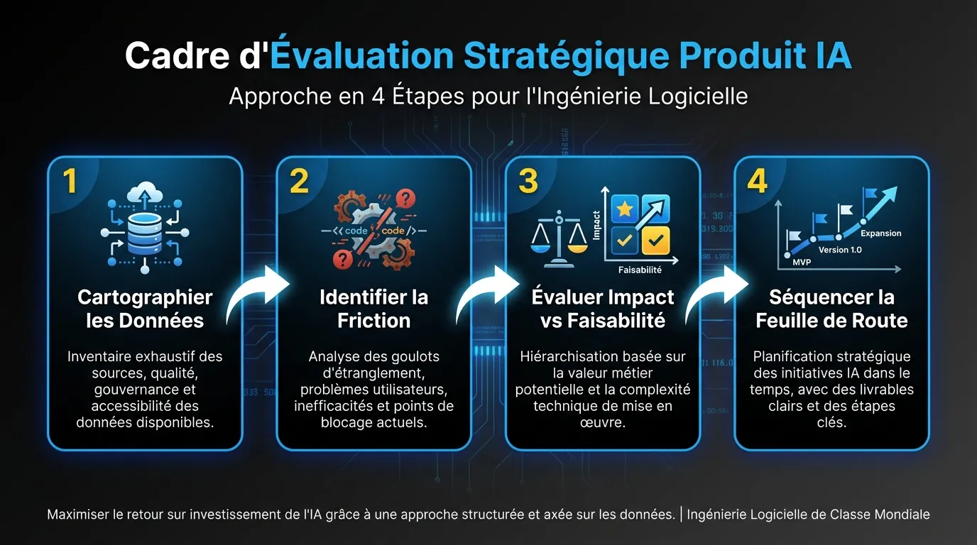 Le cadre d'évaluation de stratégie produit IA en quatre étapes : cartographier les données, identifier les workflows à friction, noter par faisabilité et impact, séquencer la feuille de route