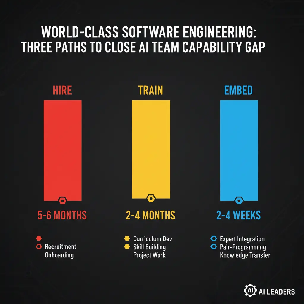 Three paths to close AI team capability gap: hire (5-6 months), train (2-4 months), or embed senior AI engineers (2-4 weeks)
