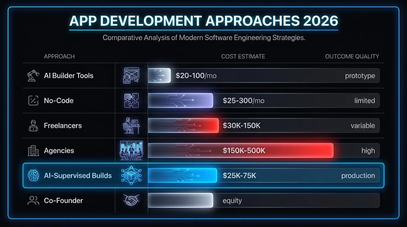 Comparison of six app development approaches in 2026: direct cost, time investment, timeline, and output quality