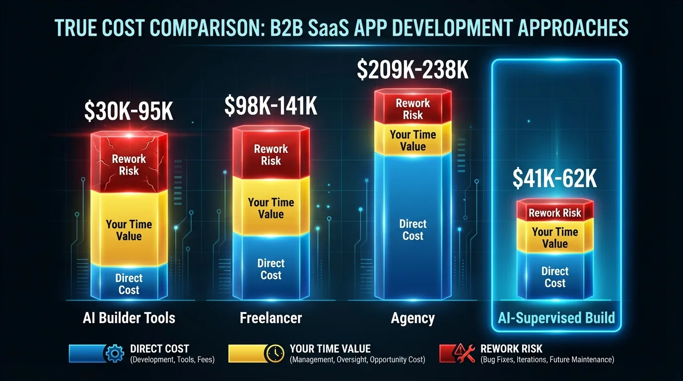 True cost breakdown for a B2B SaaS product comparing AI builder tools, freelancers, agencies, and supervised AI builds including hidden costs