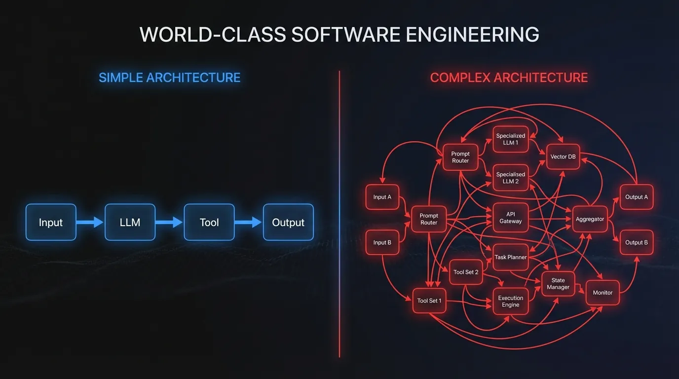 Side-by-side comparison: Simple Agent (User Input → LLM → Tool → Output) vs Complex Agent (tangled multi-agent system with more failure modes)