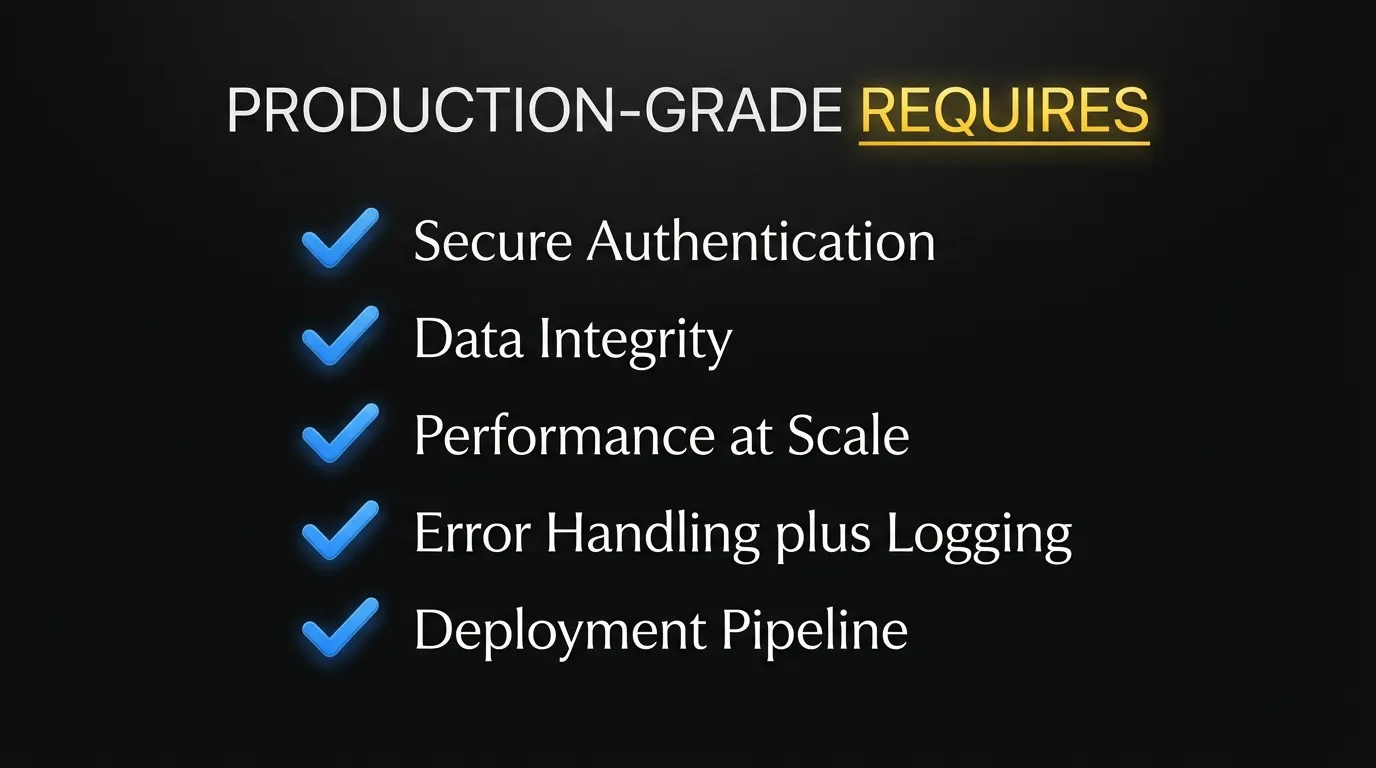 Checklist of production requirements: authentication, data integrity, performance, error handling, deployment pipeline