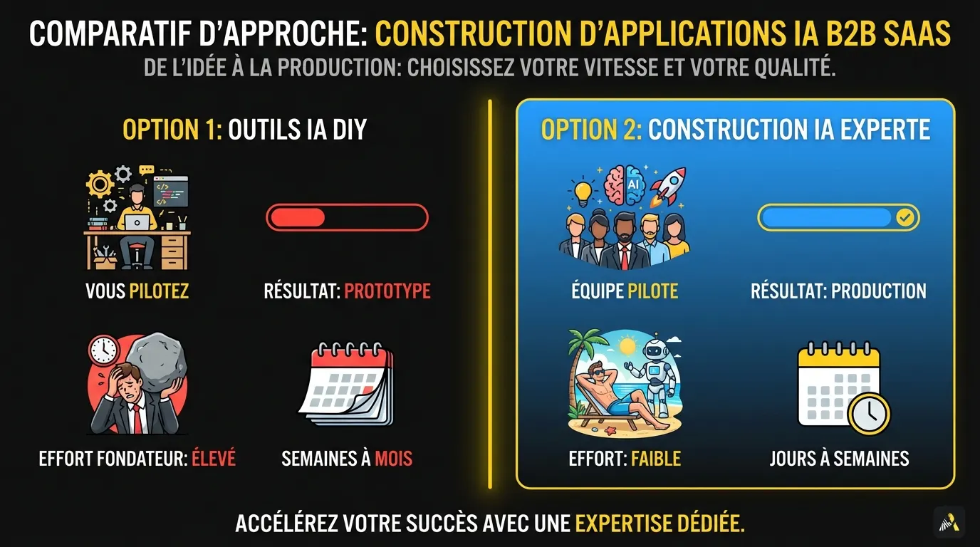 Comparaison côte à côte de l'Option 1 (outils IA DIY) et de l'Option 2 (construction IA supervisée par des experts) montrant les responsabilités, le résultat et le délai