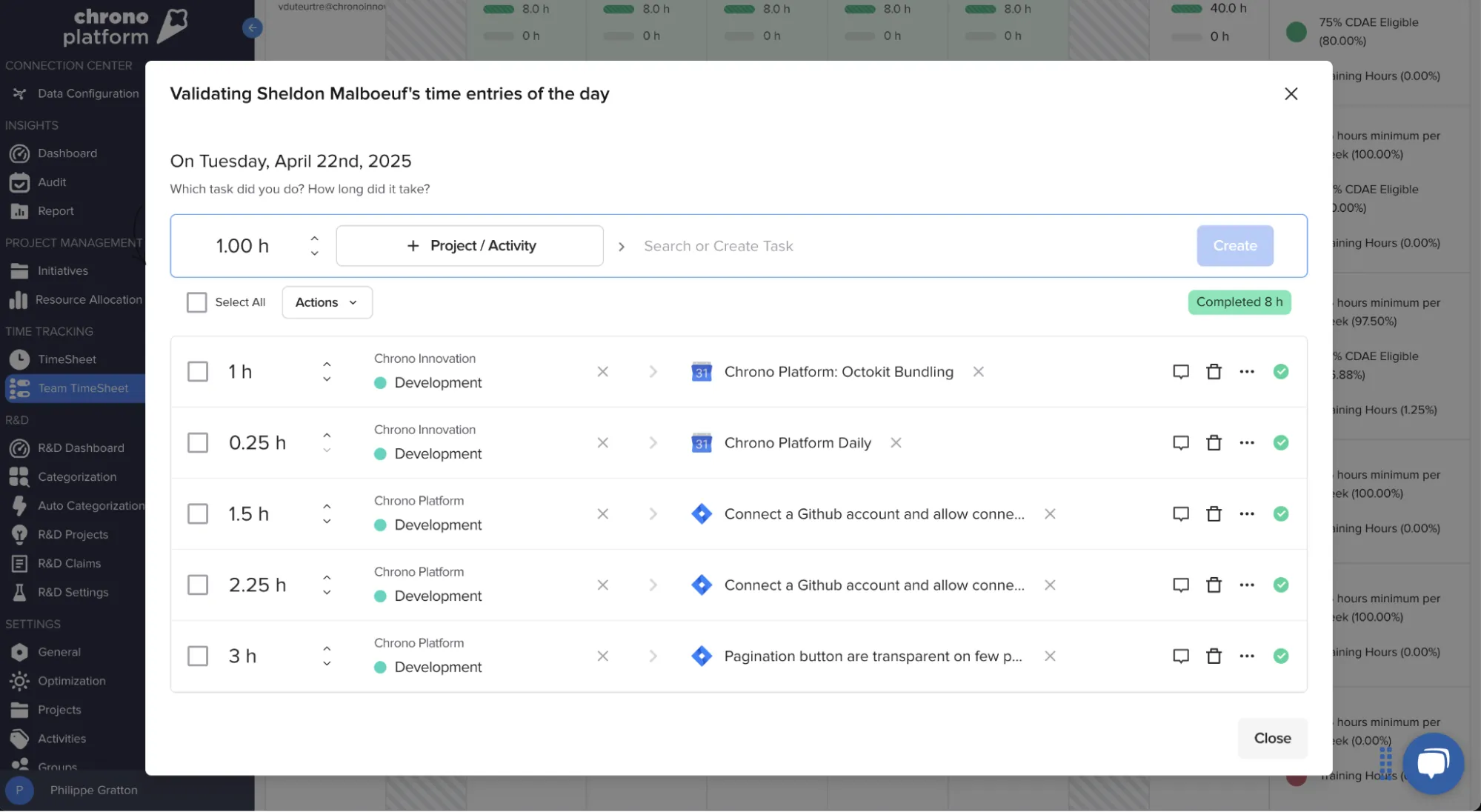 Chrono daily time entries dashboard