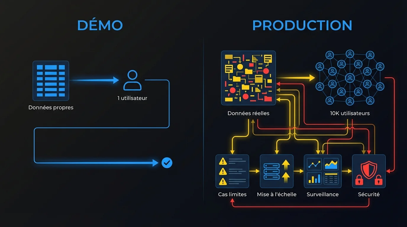 Comparaison entre un environnement de démo IA et les exigences d'un système en production