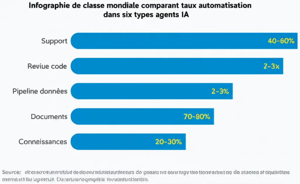 Comparaison des taux de révision humaine dans six catégories d'agents, de 40 % auto-approuvés en support à 80 % en traitement de documents