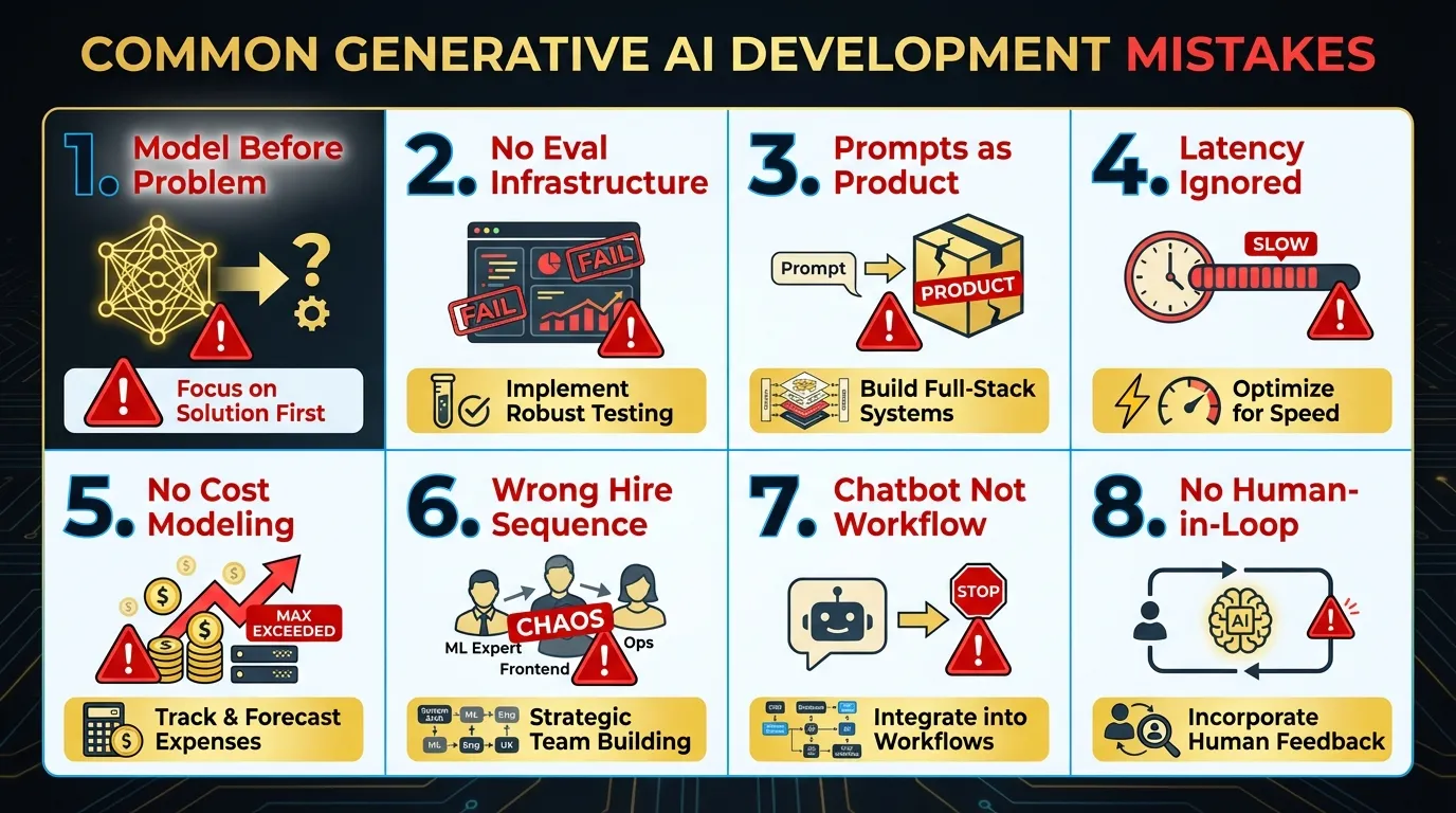 The eight most common generative AI development mistakes, organized by phase: architecture, infrastructure, and deployment