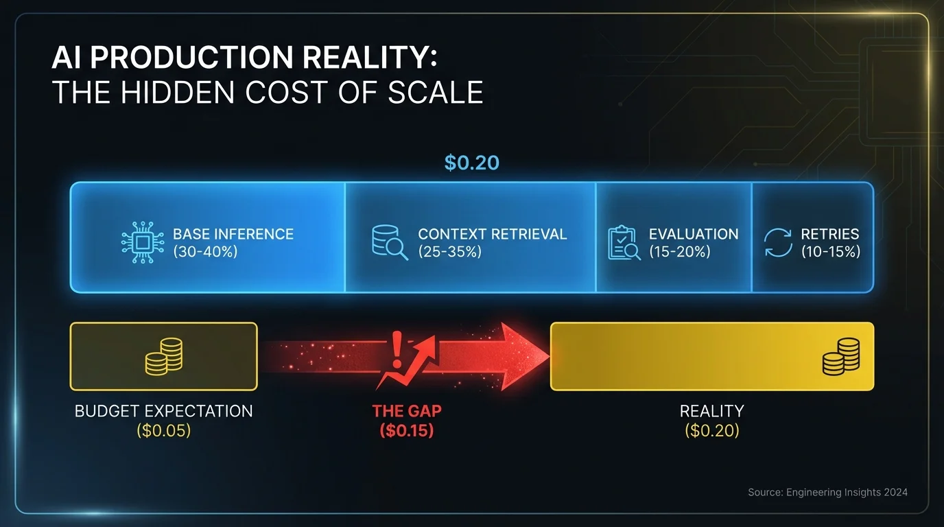 Real AI cost breakdown: base inference 30-40%, context retrieval 25-35%, evaluation 15-20%, retries 10-15% — budget $0.05 vs reality $0.20