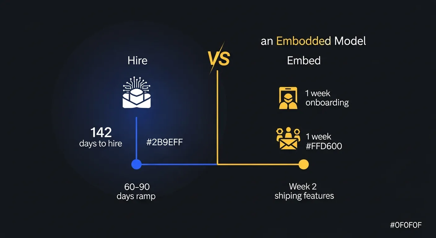 Hiring timeline vs embedded model: 142 days to hire and 60-90 days ramp vs 1 week onboarding and shipping in week 2