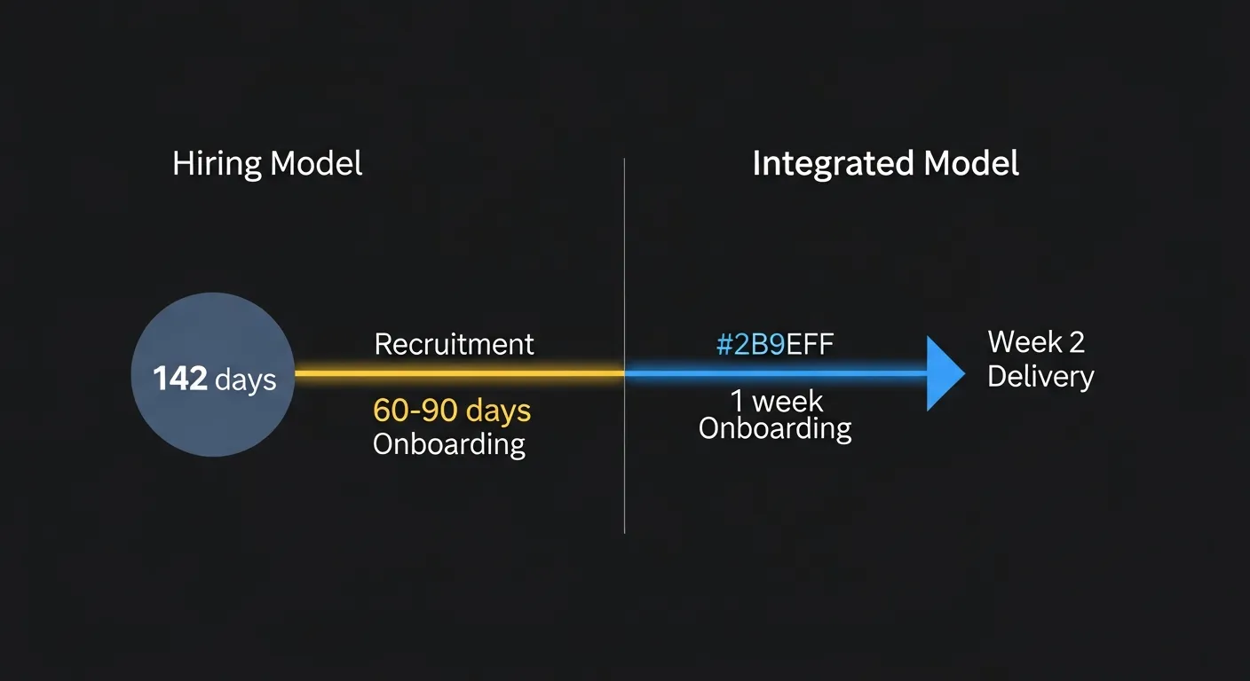 Comparaison des délais : embauche en 142 jours et 60-90 jours de montée en puissance, versus intégration en 1 semaine et livraison dès la semaine 2