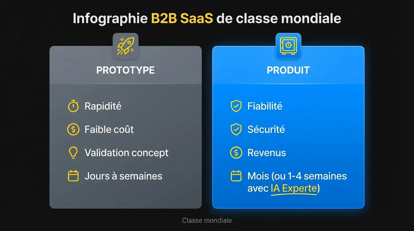 Diagramme divisé montrant les objectifs de prototype (vitesse, coût, validation de concept) par rapport aux objectifs de produit livrable (fiabilité, sécurité, génération de revenus)