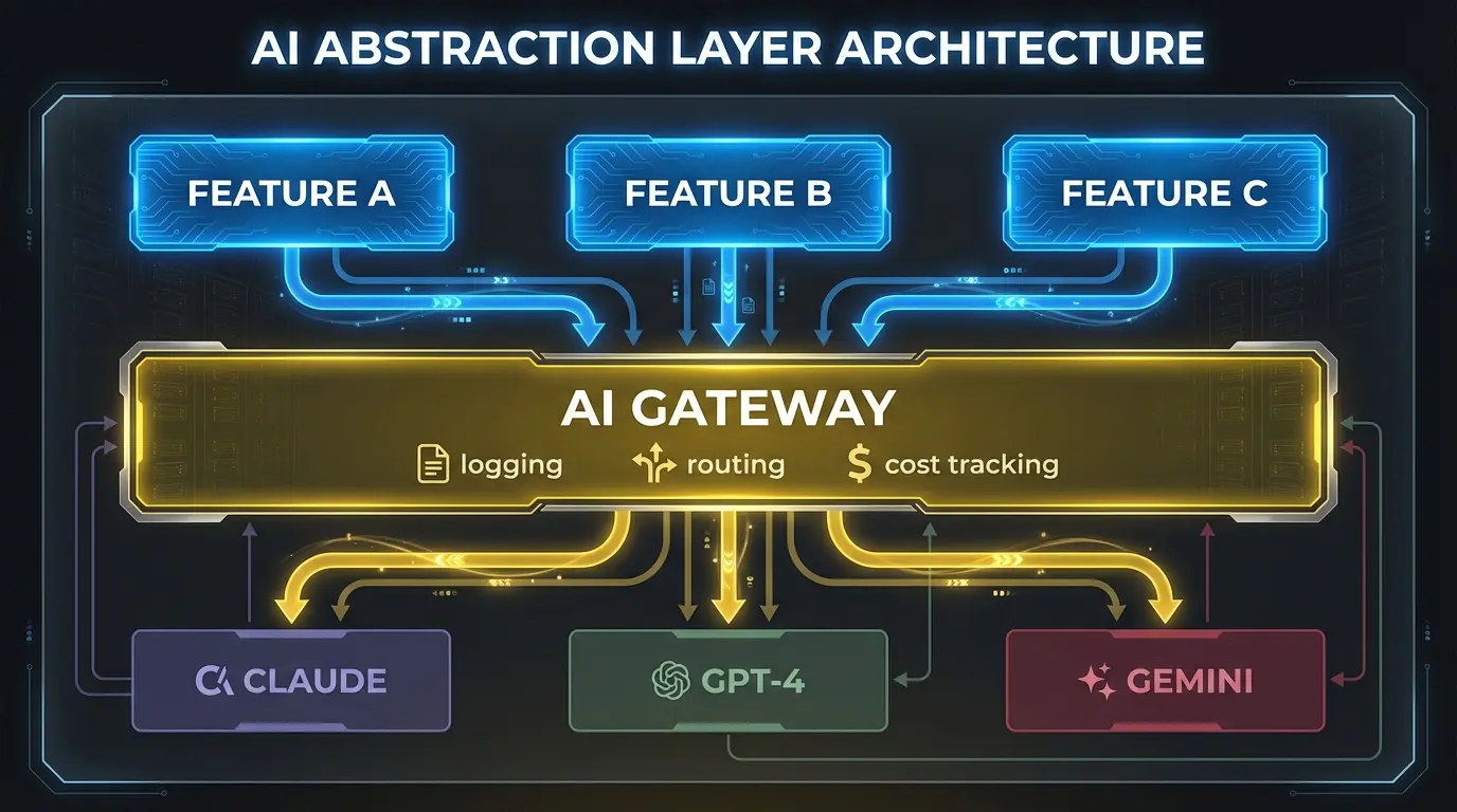 AI abstraction layer architecture with features routing through a gateway to multiple model providers