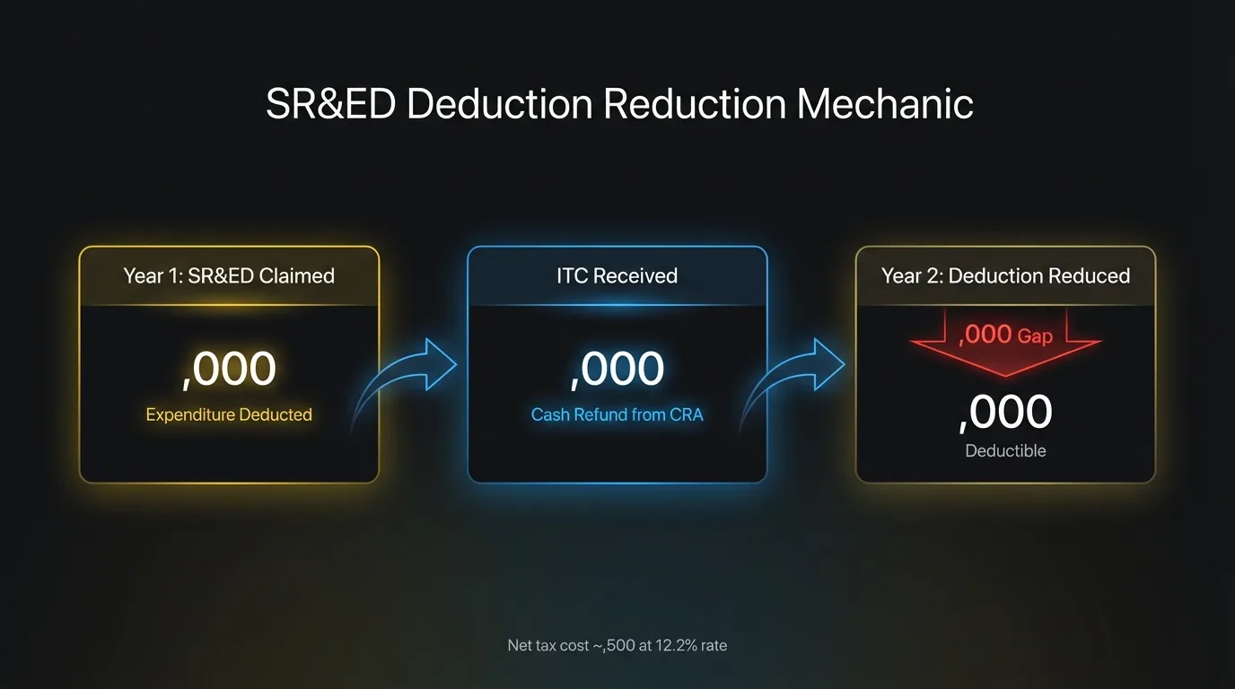 Flowchart showing how a $200,000 SR&ED claim generates a $70,000 ITC refund that reduces the following year's deductible expenditures to $130,000