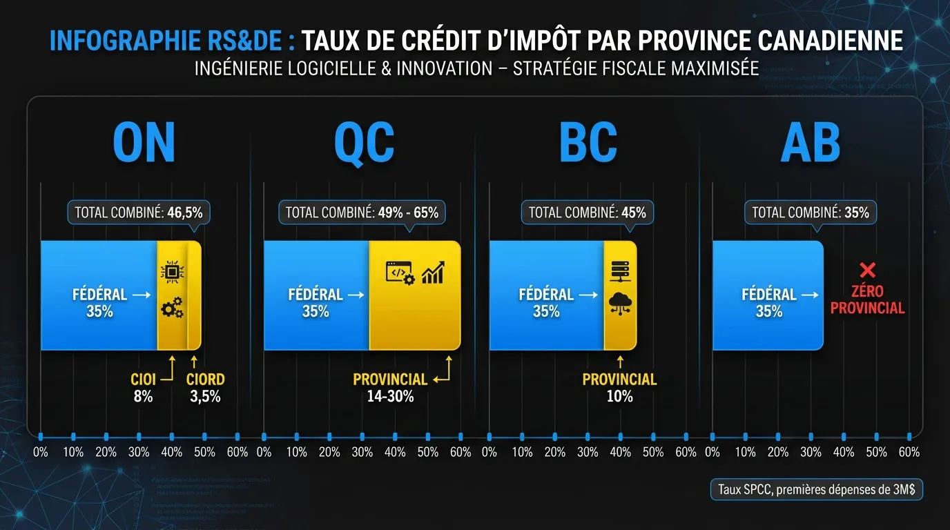 Tableau comparatif des taux de crédit RS&DE par province: Ontario, Québec, Colombie-Britannique et Alberta, montrant l'empilement fédéral et provincial