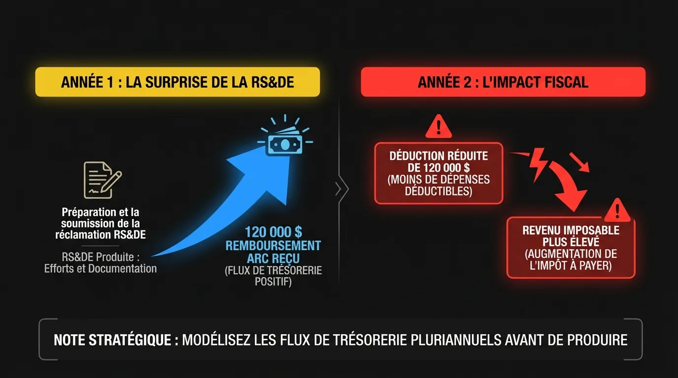 Chronologie comparant l'Année 1 (RS&DE produite, remboursement de 120 000 $ reçu) et l'Année 2 (déduction réduite de 120 000 $, revenu imposable plus élevé)