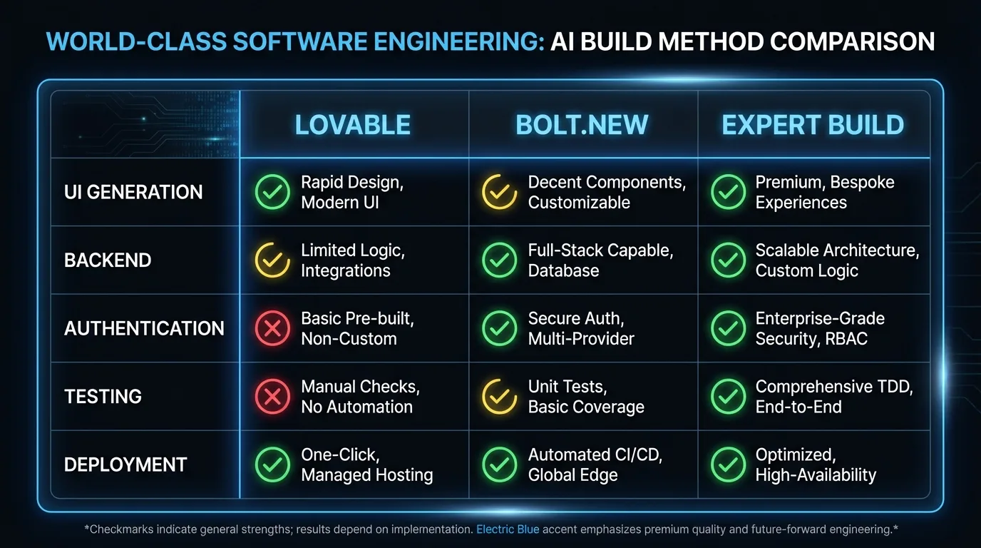 Comparaison des fonctionnalités de Lovable, Bolt.new et des constructions IA supervisées par des experts pour l'interface, le backend, l'auth, les tests et le déploiement