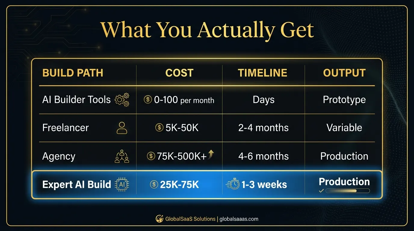 Comparison table of four MVP build paths showing cost, timeline, output quality, and founder involvement