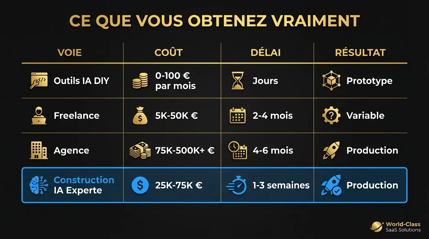 Tableau comparatif des quatre voies MVP montrant le coût, le délai, la qualité du résultat et l'implication du fondateur