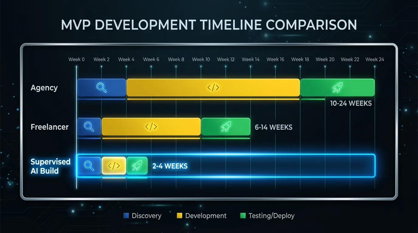 Timeline comparison for MVP development: agency, freelancer, and supervised AI build showing discovery, development, and deployment phases