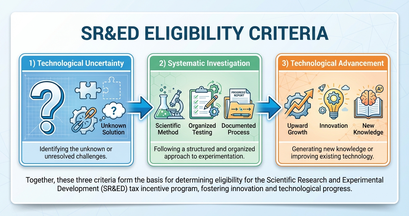 Three SR&ED eligibility criteria: technological uncertainty, systematic investigation, and technological advancement