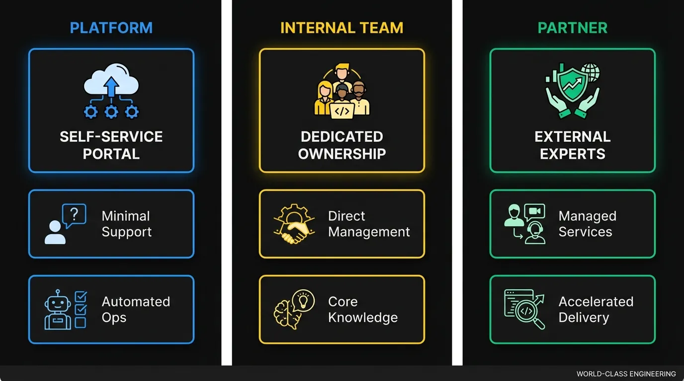 Three support model options: Platform, Internal Team, or Partner