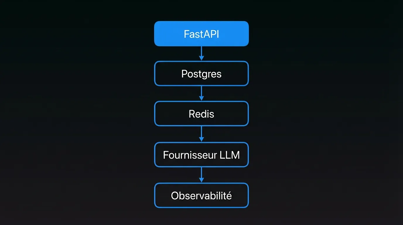 Architecture de stack personnalisé simple : FastAPI, Postgres, Redis, Fournisseur LLM, Observabilité