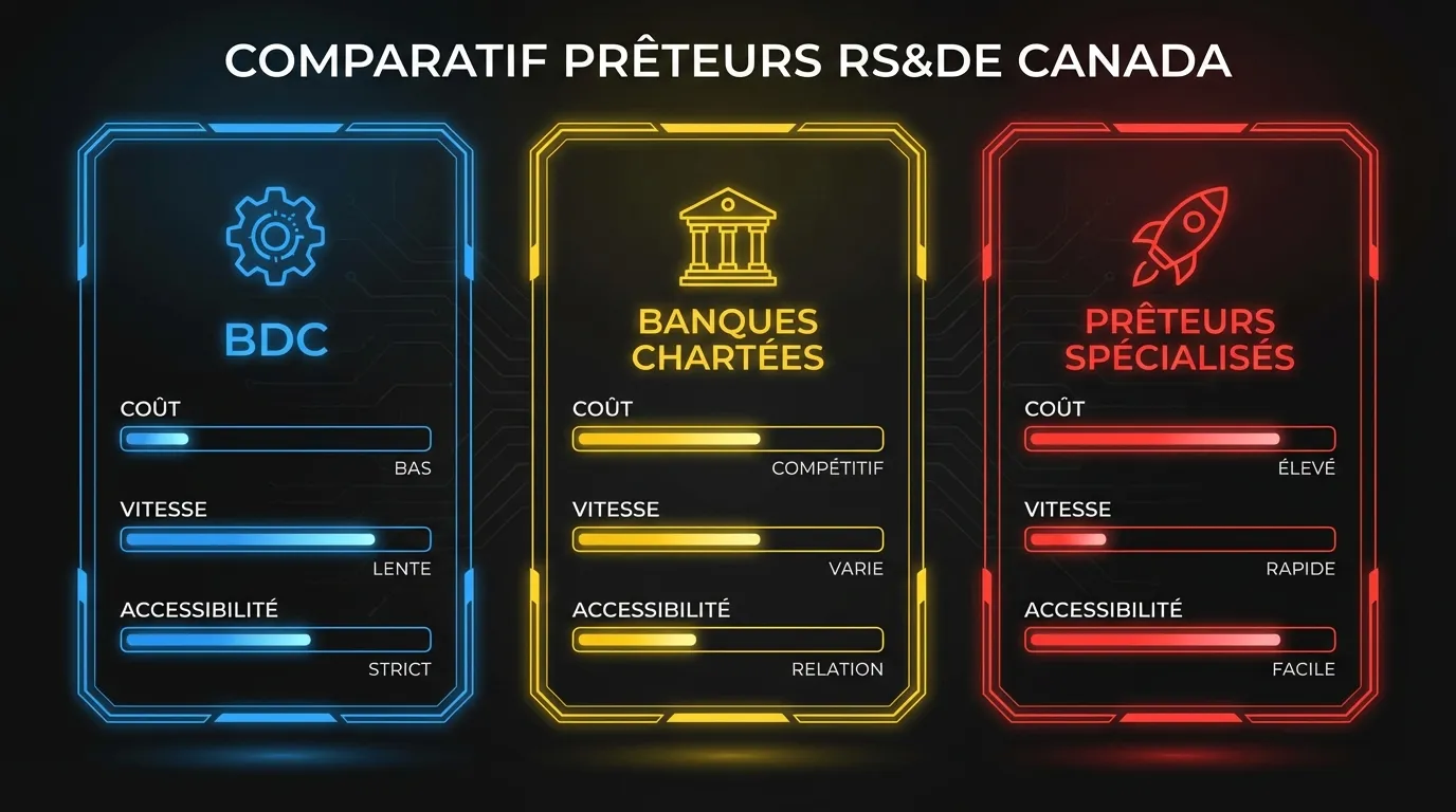 Comparaison des trois types de prêteurs RS&DE : BDC (coût le plus bas, plus lent), banques chartées (taux compétitifs, relation nécessaire), prêteurs spécialisés (le plus rapide, le plus coûteux)