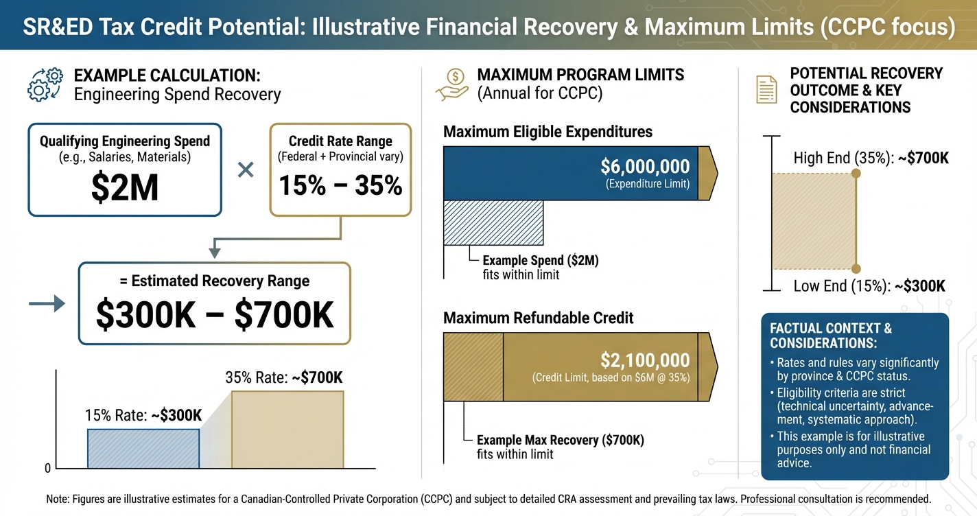 SR&ED credit potential showing maximum limits and typical recovery amounts