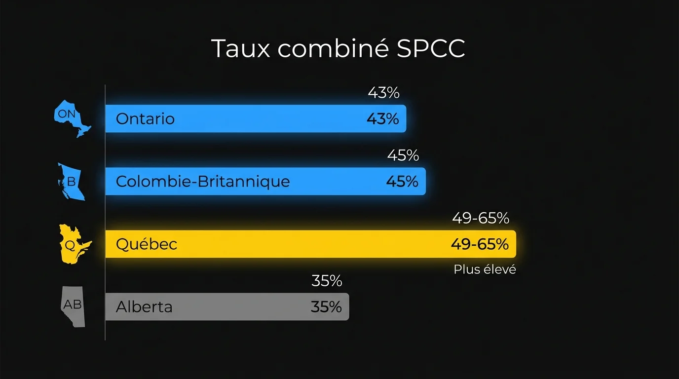 Taux de crédit RS&DE combinés par province pour les SPCC : Ontario 43 %, CB 45 %, Québec 49-65 %, Alberta 35 %