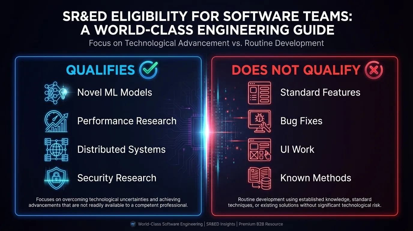 SR&ED eligibility spectrum for software teams: qualifying work on the left (novel ML, distributed systems, performance research) versus non-qualifying work on the right (features, bug fixes, UI, known methods)