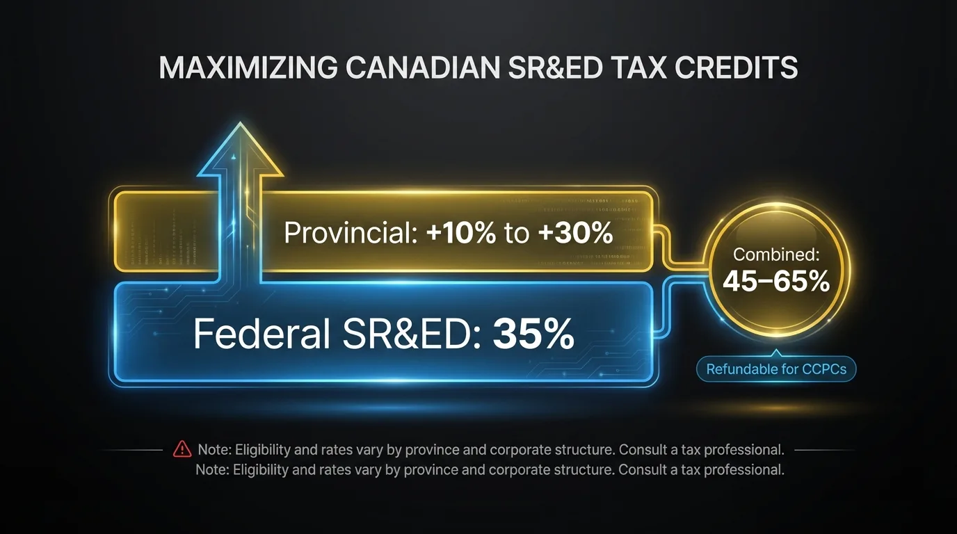 Federal and provincial SR&ED credit stacking: 35% federal + 10–30% provincial = 40–65% combined recovery