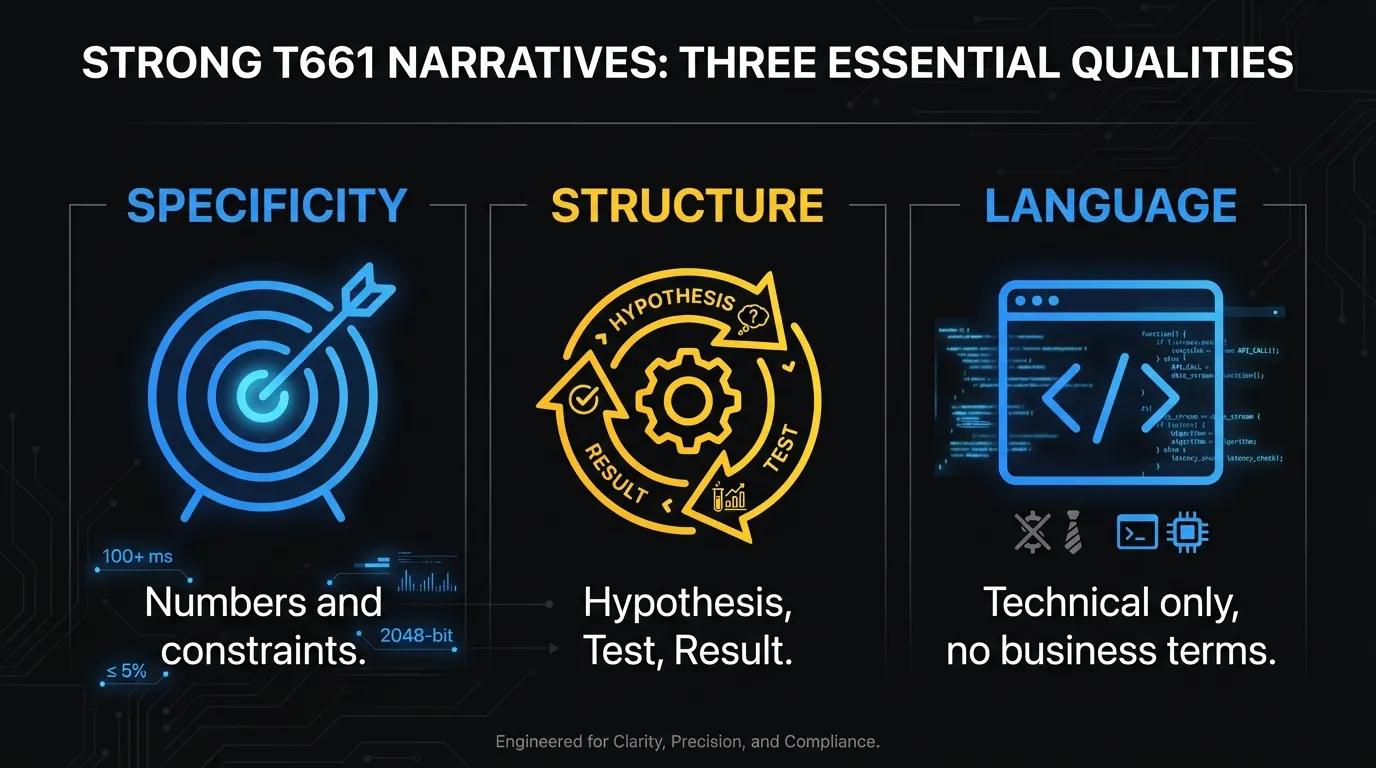 Three qualities of strong T661 narratives: specificity, hypothesis-test-result structure, technical language