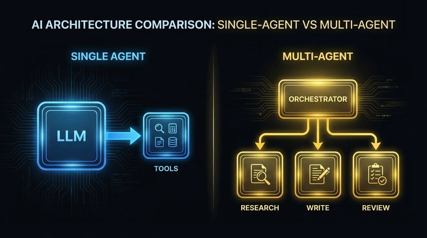 Side-by-side comparison of single-agent and multi-agent AI architectures, showing a single LLM with tools versus an orchestrator coordinating three specialized agents